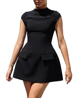 Women Cap Sleeve Mini Dress Mock Neck A Line Sun Dress High Waist Slim Fit Flare Short Dress Part... | Amazon (US)