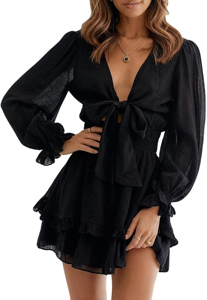 Dokotoo Womens 2023 Summer Deep V Neck Knotted Tiered Chiffon Elegant Mini Short Swing Skater Dre... | Amazon (US)