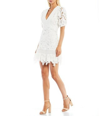 V-Neck 3D Floral Lace Short Sleeve Sheath Tonal Trim Scallop Hem Dress | Dillard's