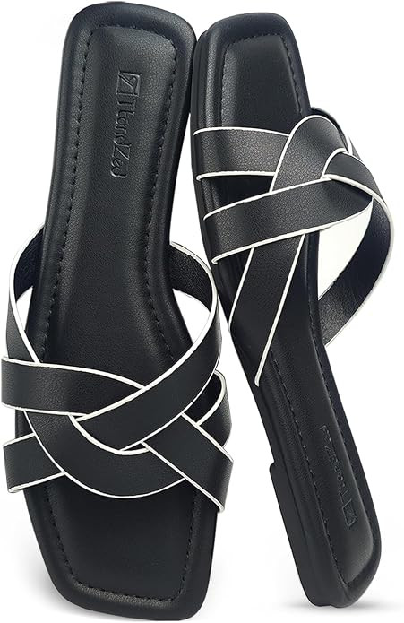 2025 Women's Flat Sandals - Braided Square Toe Fashion Slide Sandals, Comfortable Leather Slip On... | Amazon (US)
