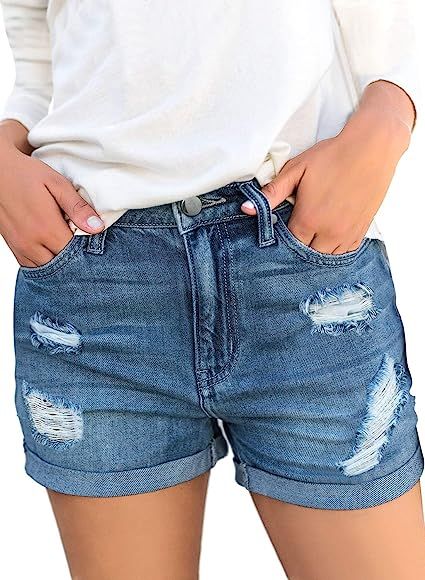 Women's Ripped Denim Jean Shorts Mid Rise Stretchy Folded Hem Short Jeans | Amazon (US)