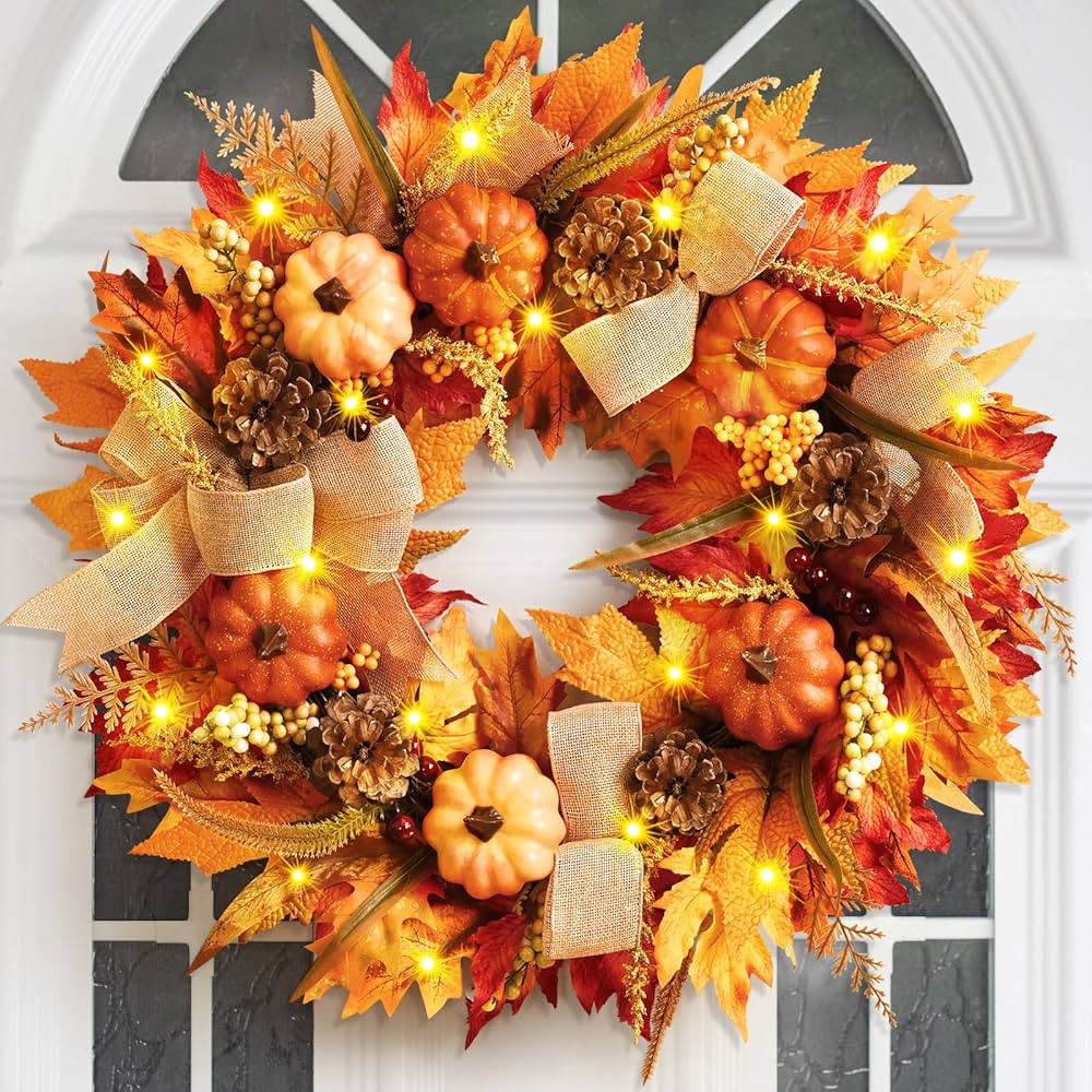 Fall Decor - Fall Wreaths for Front Door Outside, Fall Door Wreath with Orange Pumpkins Silk Leav... | Amazon (US)