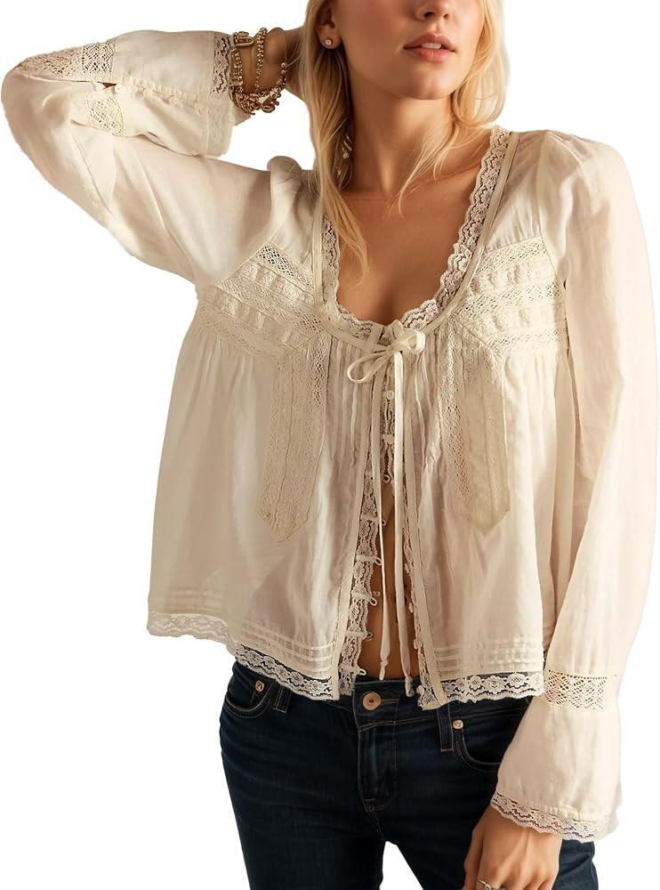 Women Boho Lace Long Sleeve Shirts Button Tie Front Flowy Bohemian Cardigan | Amazon (US)