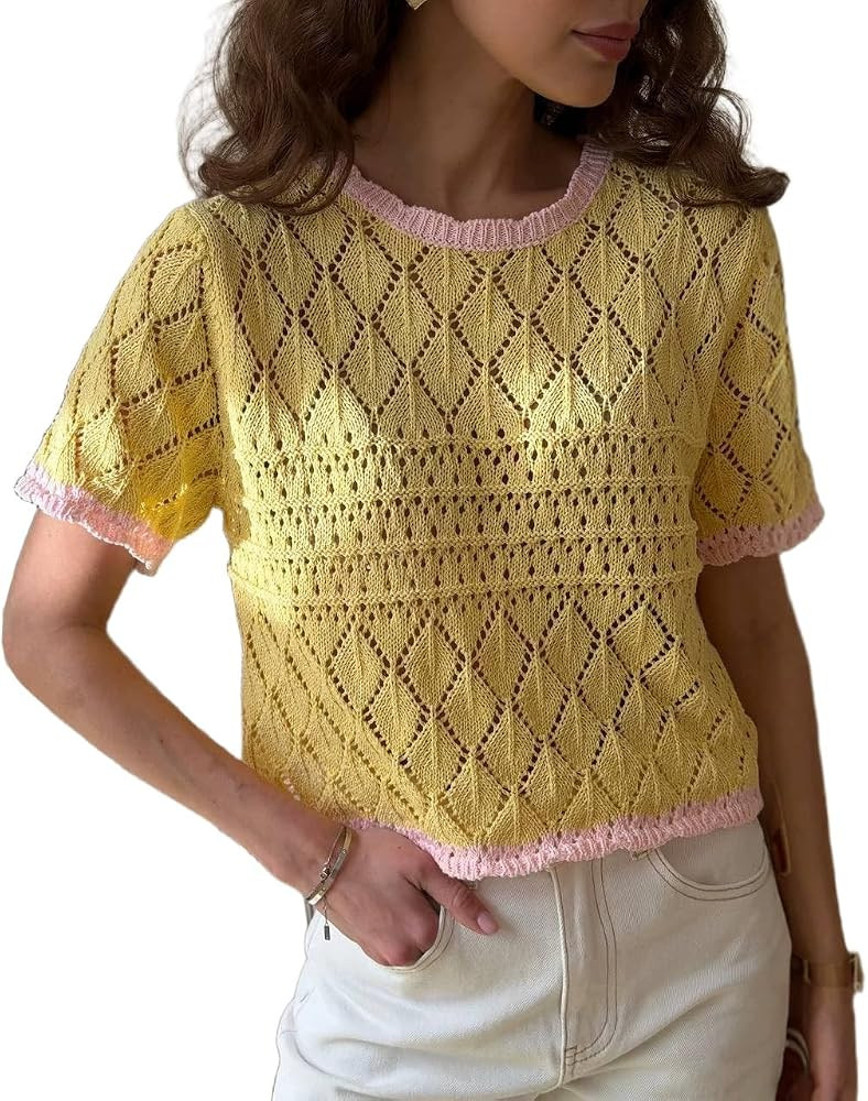 Pinclodly Women's Color Block Crop Top Pink Trim Short Sleeve Sweater Tee | Amazon (US)