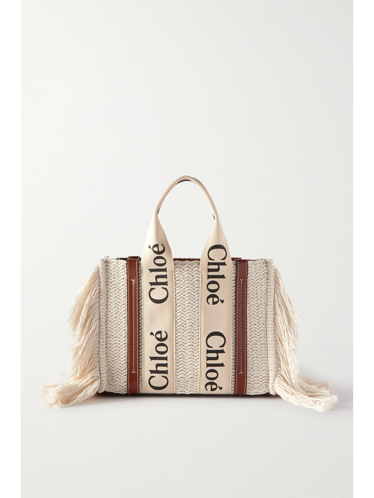 Chloé - Woody Small Leather-trimmed Fringed Recycled Cotton Tote - Brown | NET-A-PORTER (US)