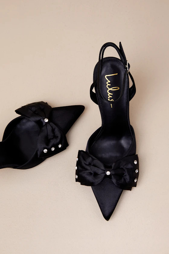 Ellandra Black Satin Bow Ankle Strap Pumps | Lulus