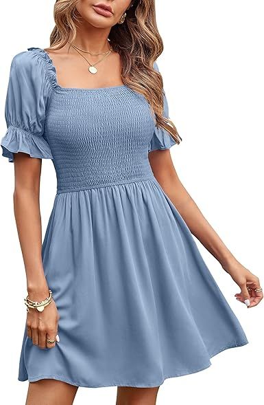 TECREW Womens Short Puff Sleeve Smocked Square Neck Mini Dress Summer Casual A-line Dress | Amazon (US)