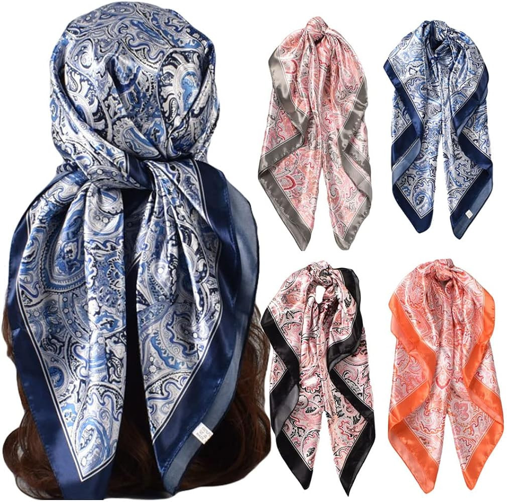 4Pcs Silk Head Scarves for Women Satin Hair Scarf 35”Large Square Bandana Silk Like Neck Scarf ... | Amazon (US)