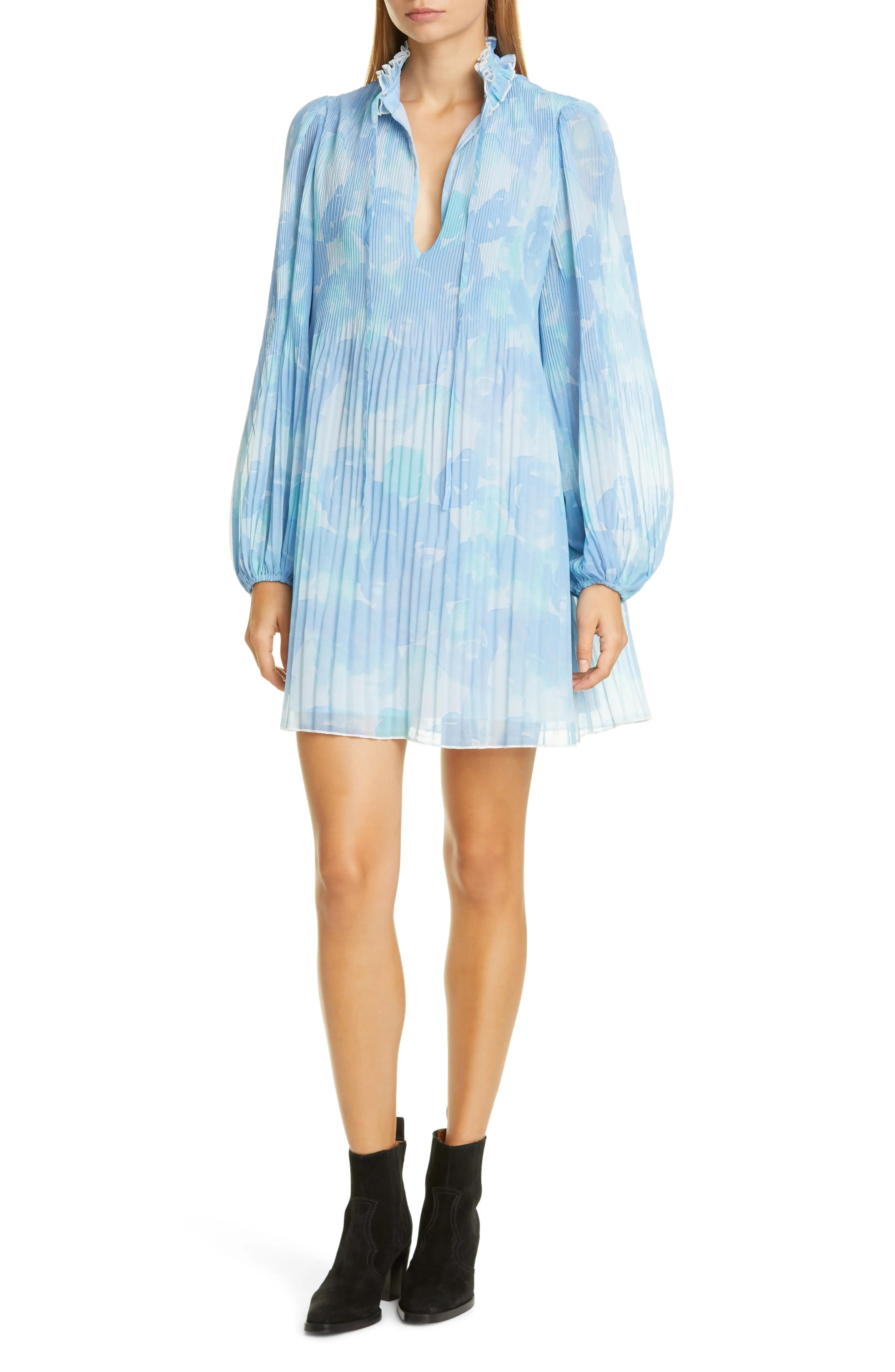 Floral Pleat Long Balloon Sleeve Minidress | Nordstrom