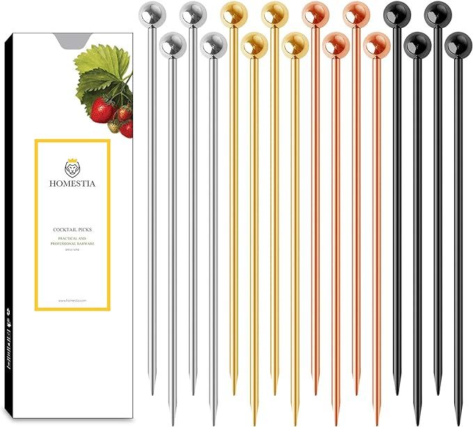 Homestia 16PCS Cocktail Toothpicks Stainless Steel Martini Picks Reusable Metal Cocktail Skewers ... | Amazon (US)