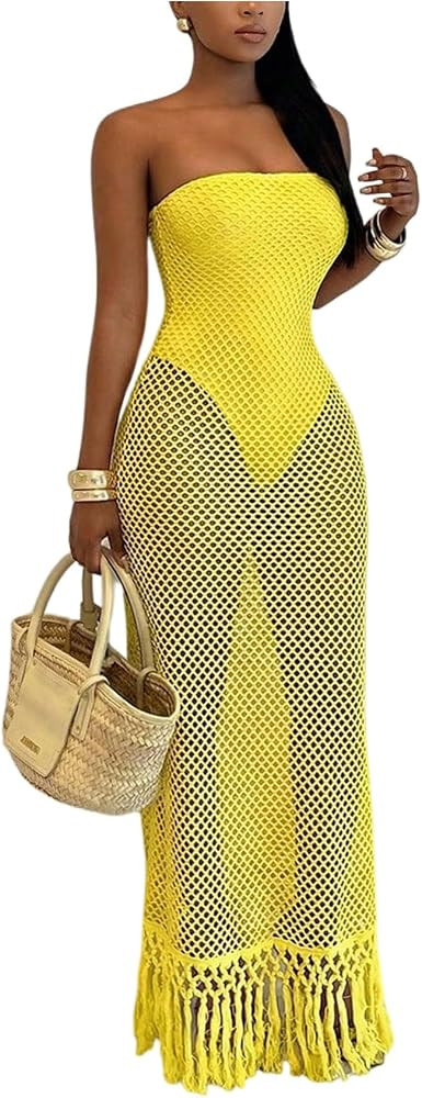 Floerns Women's Strapless Crochet Dress Tassel Trim Bodycon Beach Vacation Long Dresses | Amazon (US)