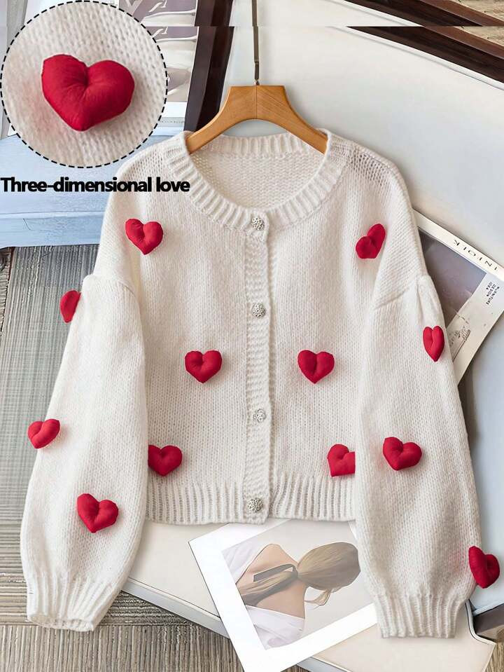 SHEIN Relaxiva Plus Size Women Red Heart Plain Knit Cardigan, Loose Casual For Autumn/Winter | SHEIN