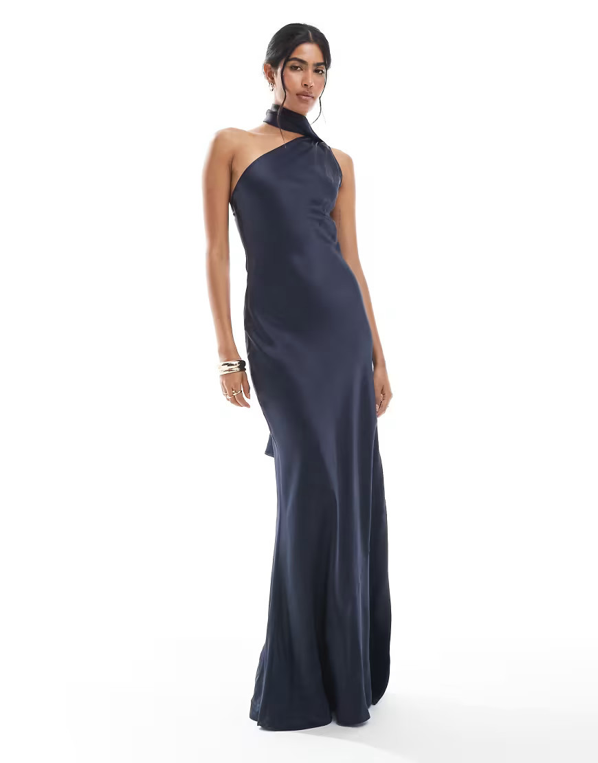 Maids to Measure Bridesmaid one shoulder scarf maxi dress in navy | ASOS (Global)