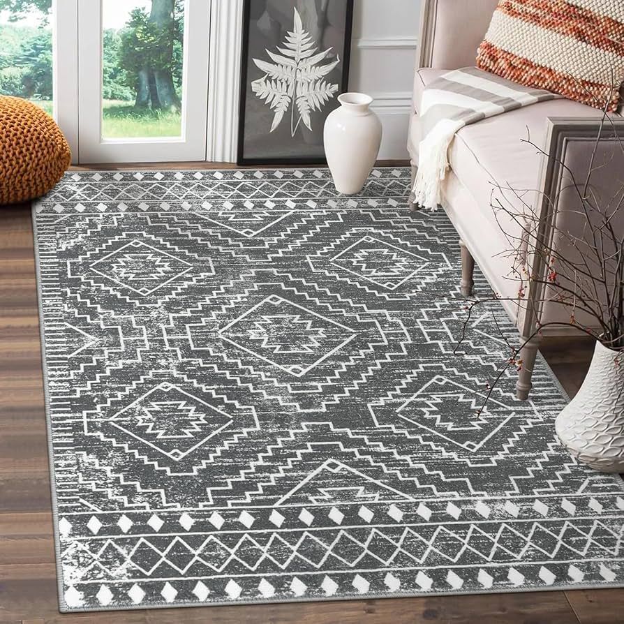 Wonnitar Moroccan 4x6 Area Rug, Washable Dark Gray Living Room Rug, Non-Slip Boho Rug for Bedroom... | Amazon (US)