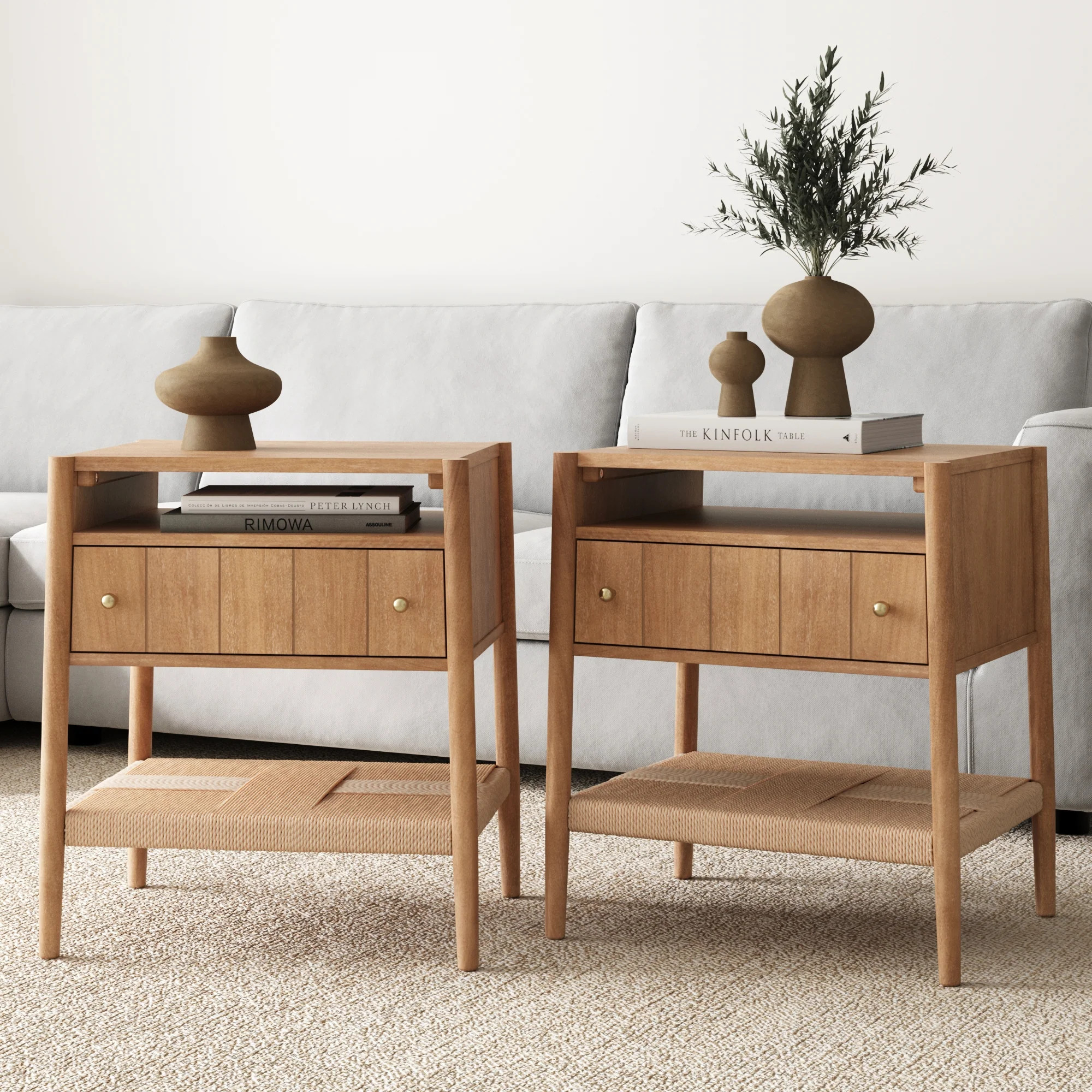 Wood Nightstand with Drawer & Seagrass Storage Light Brown (Set of 2) | Nathan James