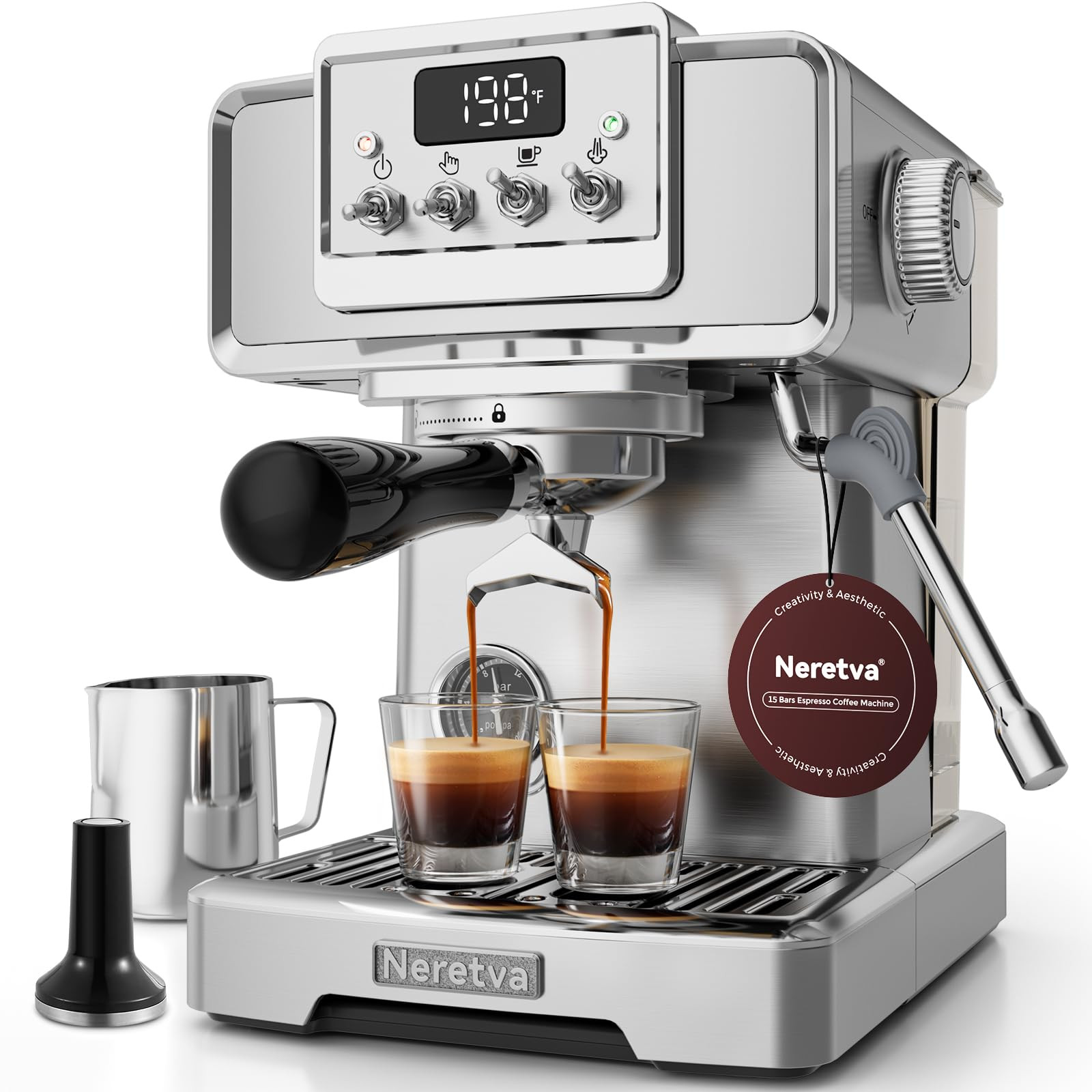 Neretva Espresso Coffee Machine with Pressure Gauge, 15Bar Instant Heating Espresso Machine Beginner-Friendly Espresso Maker Stainless Steel for Home Barista, Latte Machine, Cappuccino Machine | Amazon (US)