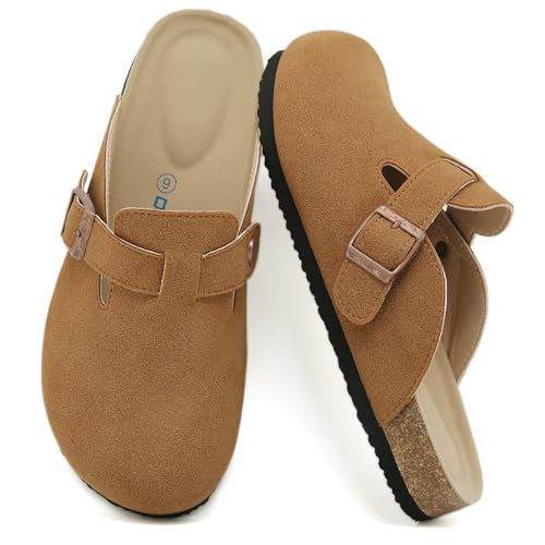 Dumalum Suede Brown Clogs for Women & Men - Comfort Cork Footbed with Arch Support - Adjustable Buckle Mules Slip-On Sandals Unisex Potato Shoes Home Slippers | Amazon (US)