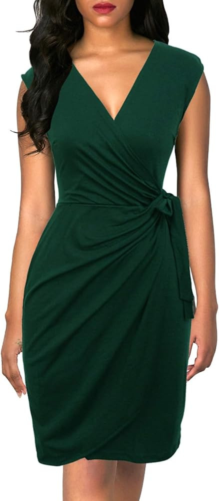 Berydress Women's Vintage V-Neck Sheath Casual Party Work Faux Black Wrap Dress | Amazon (US)