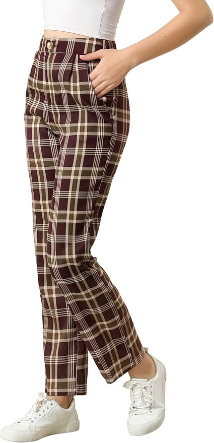 Allegra K Women's Plaid Pants Elastic Waist Casual Work Office Long Trousers | Amazon (US)