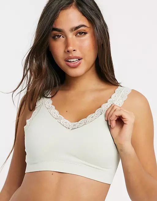 Lindex eco modal seamless rib bralette with lace trim and removeable pads in dusty green | ASOS (Global)