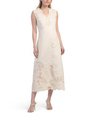 Linen Blend Sleeveless V-neck Midi Dress With Eyelet Embroidery | TJ Maxx