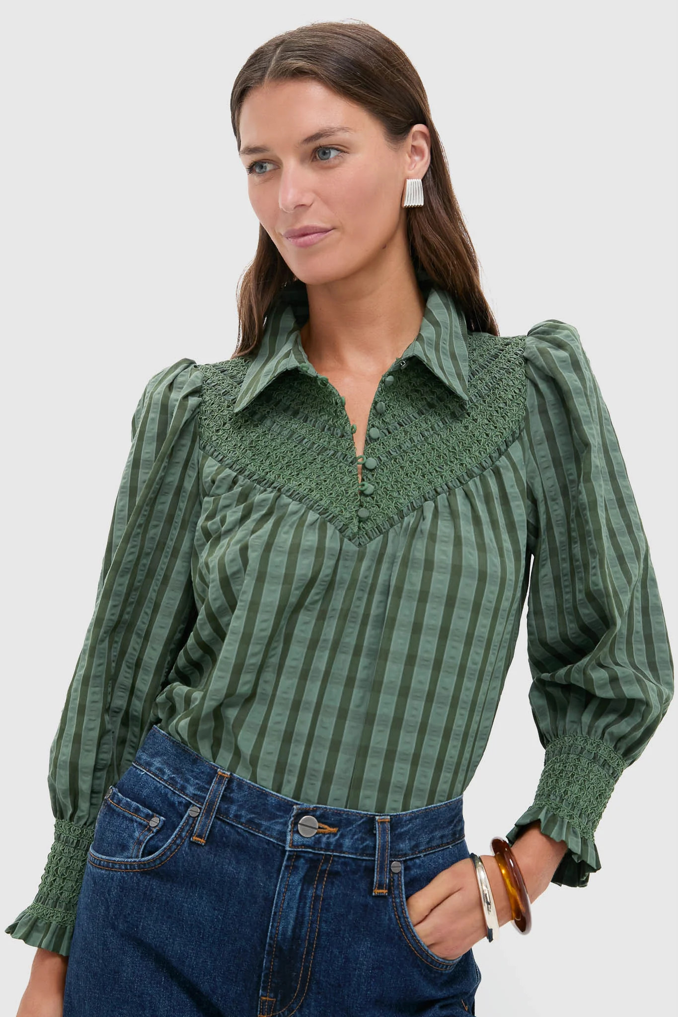 Green Windowpane Seersucker Vail Blouse | Tuckernuck (US)