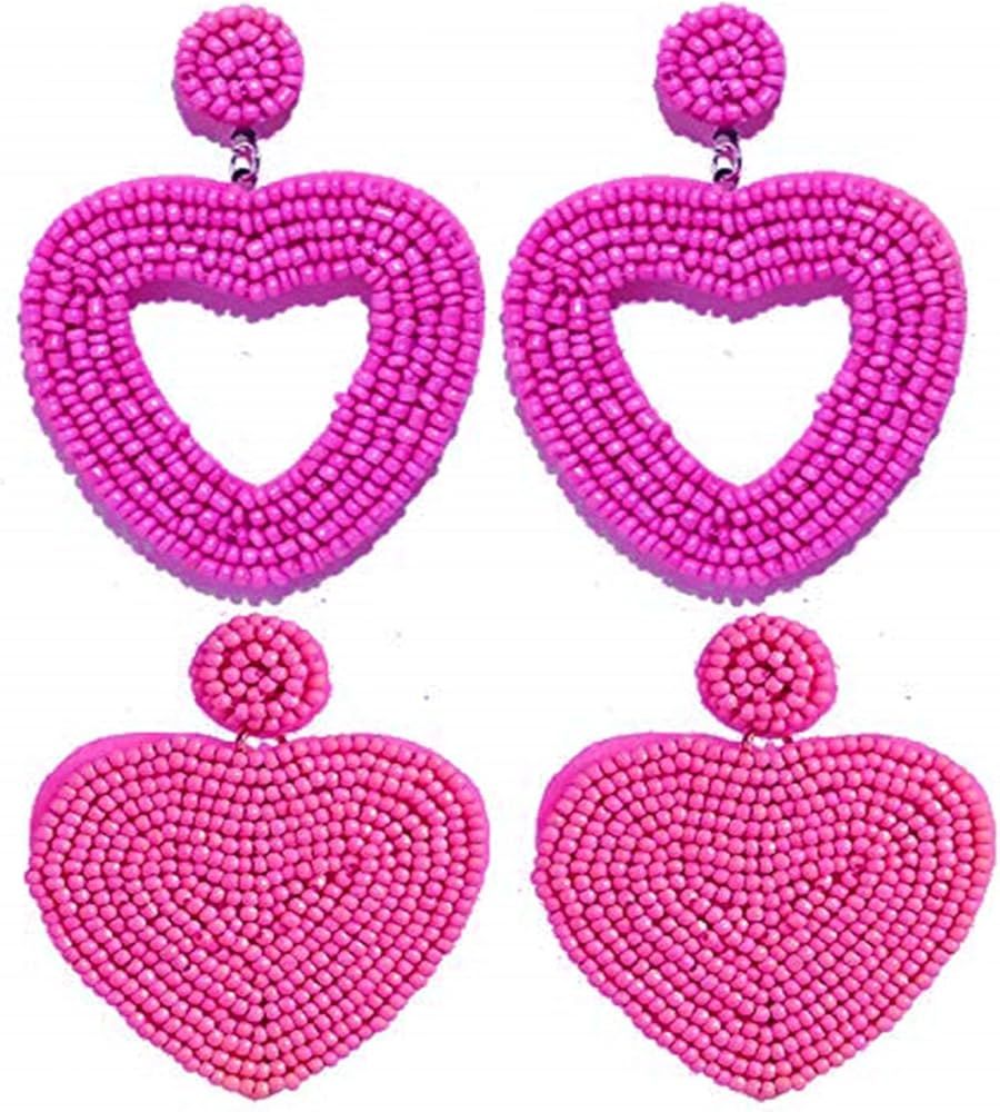 2 Pairs Handmade Seed Bead Love Heart-shaped Statement Exaggerate Colorful Dangle Drop Earrings S... | Amazon (US)