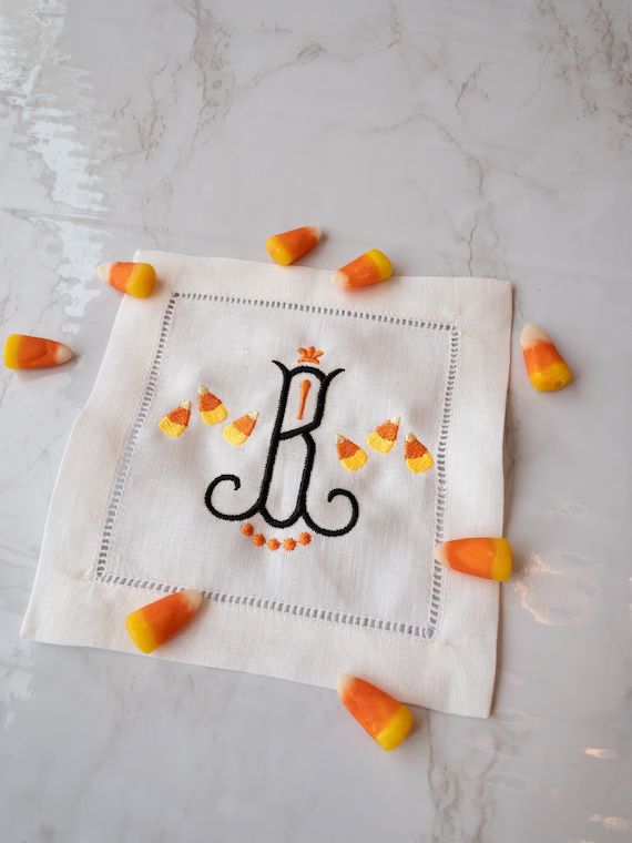 Halloween Candy Linen Cocktail Napkin - Candy Corn Cocktail Napkin | Etsy (US)