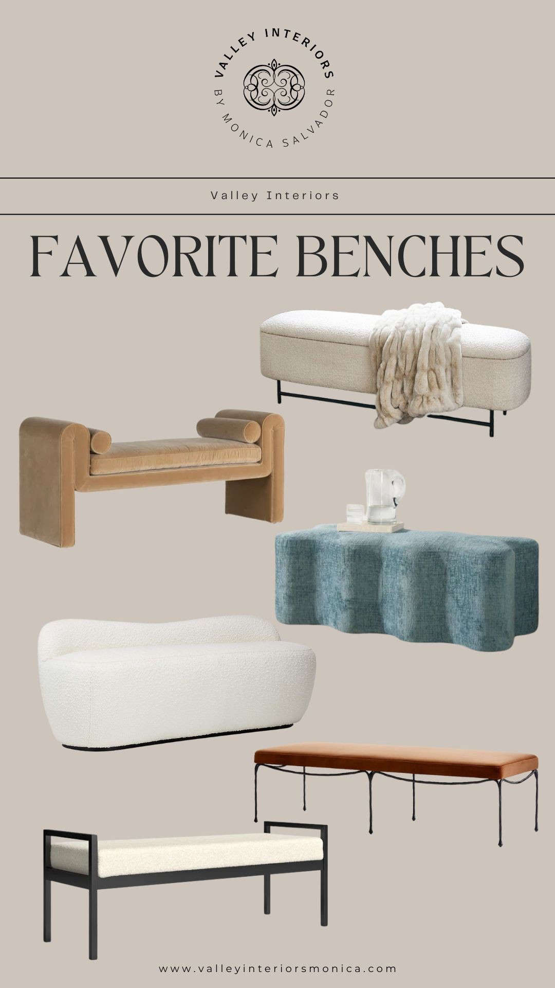 A well-placed bench can completely transform a room — adding both style and functionality. These are some of my favorite benches right now, perfect for enhancing any space