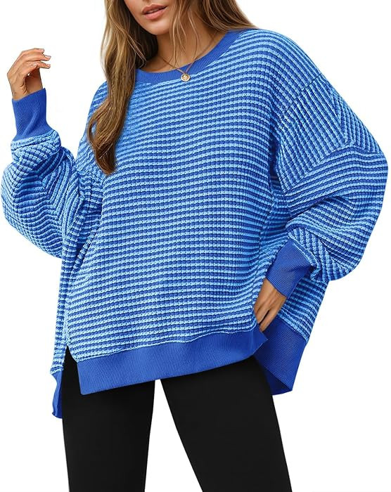 Fisoew Women's Fall Oversized Sweatshirt Casual Waffle Knit Long Sleeve Crewneck Split Pullover Tunic Tops | Amazon (US)