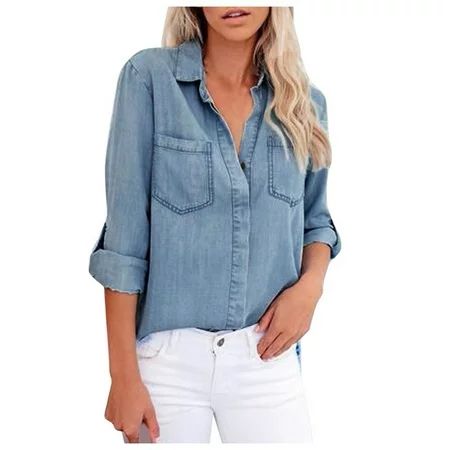 Alueeu Jacket Womens Denim Shirt Pocket Long Sleeve V Neck Tee Casual Popular Blouse Tops Women Tops | Walmart (US)
