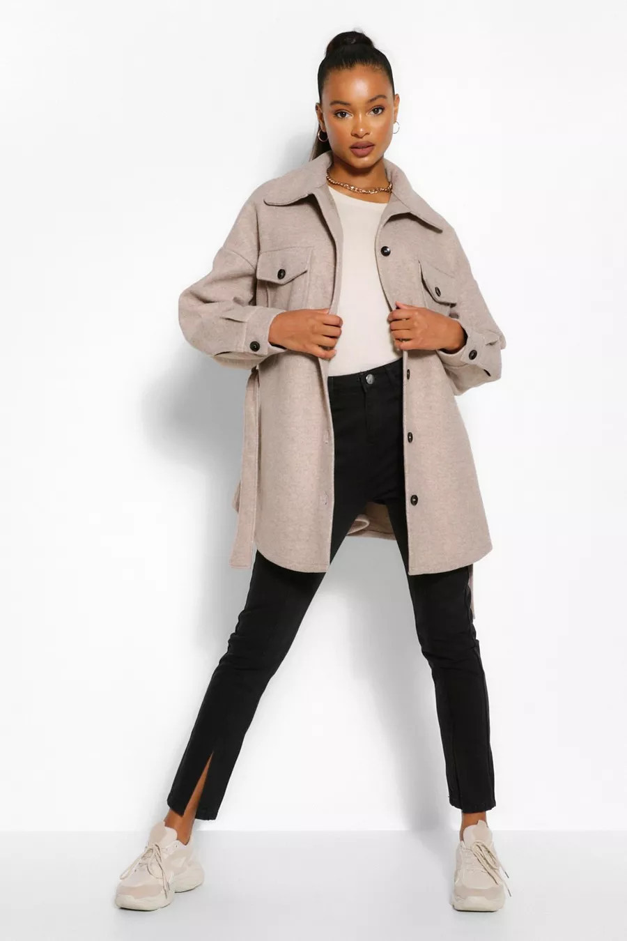 Tall Woll Shacket-Mantel mit Gürtel | Boohoo.com (DE)