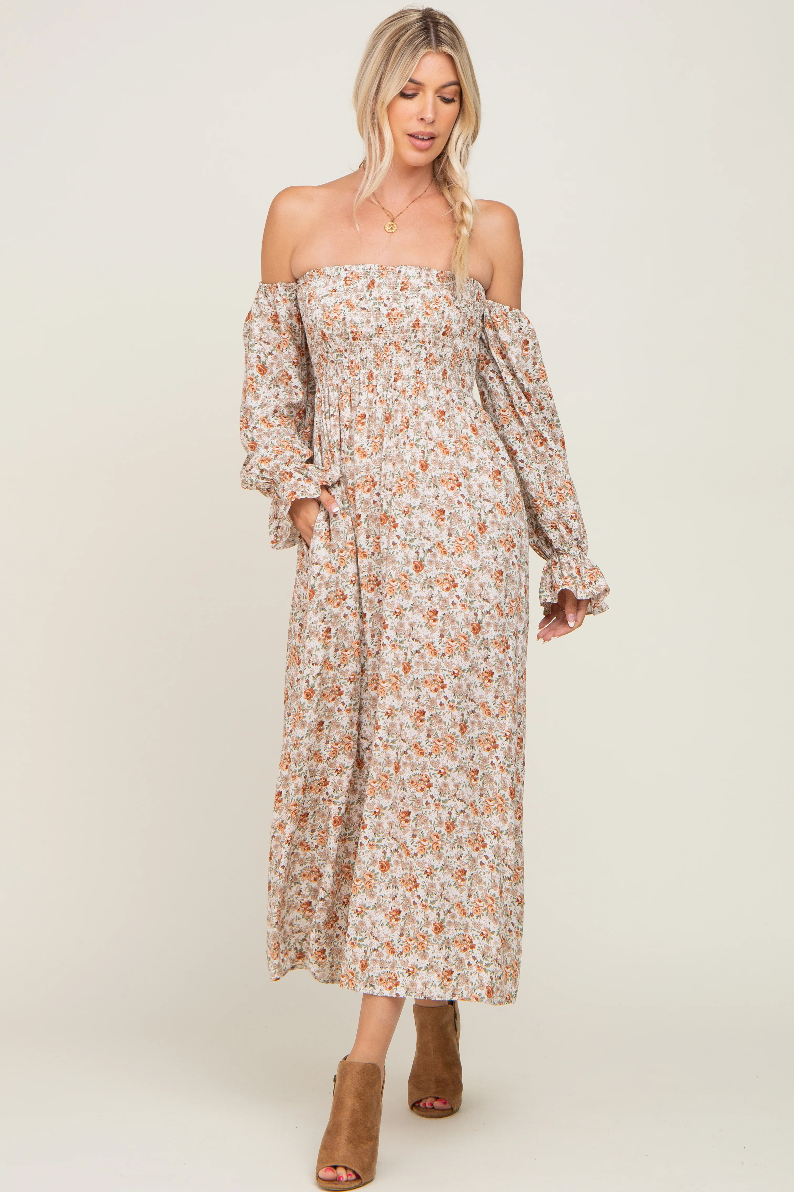 Taupe Floral Off Shoulder Long Sleeve Maxi Dress | PinkBlush Maternity