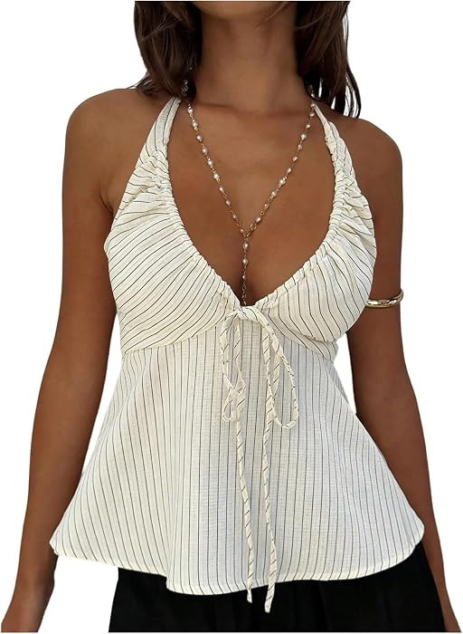 RoseSeek Women's Striped Halter Peplum Tops Tie Back Summer Going Out Top     Striped Halter Top,... | Amazon (US)