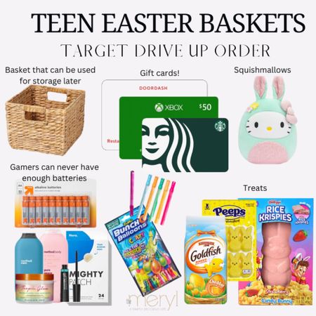 Fun items for teen Easter baskets that they’ll actually like 
Target Drive Up Squishmallow Method Body Wash Easter Candy Pimple Patches Peeps Water Balloons 

#LTKhome #LTKSeasonal #LTKfindsunder50