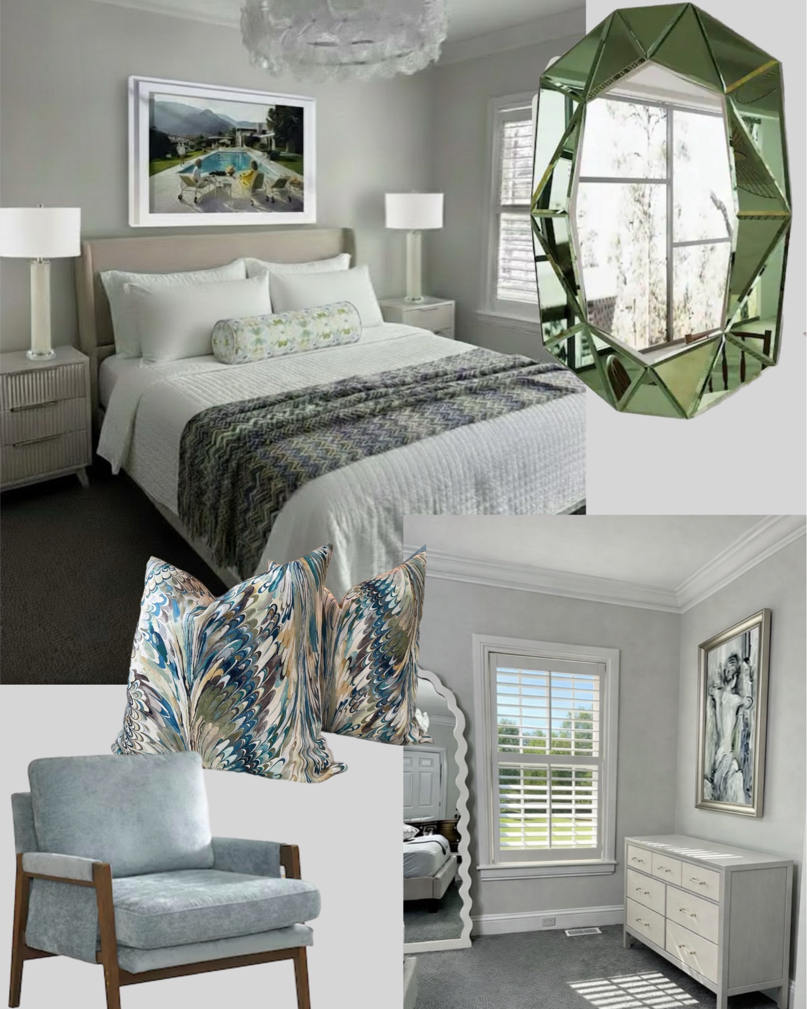 Guest bedroom refresh with soft blue and sage green accents 🤍🌿

Sharing this elevated guest bedroom design featuring a fluted wood dresser, scalloped statement mirror, modern white table lamps, and serene poolside artwork for a luxury coastal feel. I layered neutral bedding with blue and green accent pillows, a chevron throw blanket, and a floral bolster pillow to create that cozy boutique hotel vibe.

The soft blue accent chair adds the perfect reading corner moment while tying in the cool-toned color palette. This space blends coastal chic, modern traditional, and organic contemporary style — perfect for a bright, airy guest room makeover.

If you’re looking for guest bedroom decor ideas, neutral bedroom inspiration, fluted furniture, scalloped mirrors, blue and green home decor accents, or coastal inspired bedroom styling — everything is linked for you here 🤍

Guest bedroom decor • coastal bedroom inspiration • blue and green color palette • fluted dresser • scalloped mirror • modern table lamps • accent chair styling • neutral bedding ideas • luxury guest room • boutique hotel bedroom vibe • LTK home • bedroom refresh ideas

#LTKU #LTKmomlife #LTKHome
