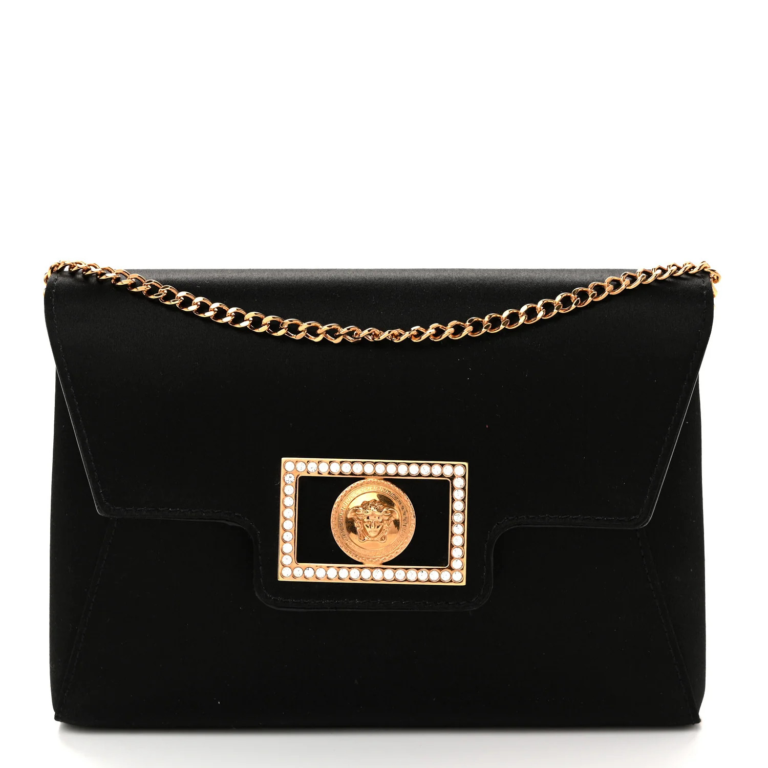 Satin Crystal La Medusa Pouch On Chain Black | FASHIONPHILE (US)
