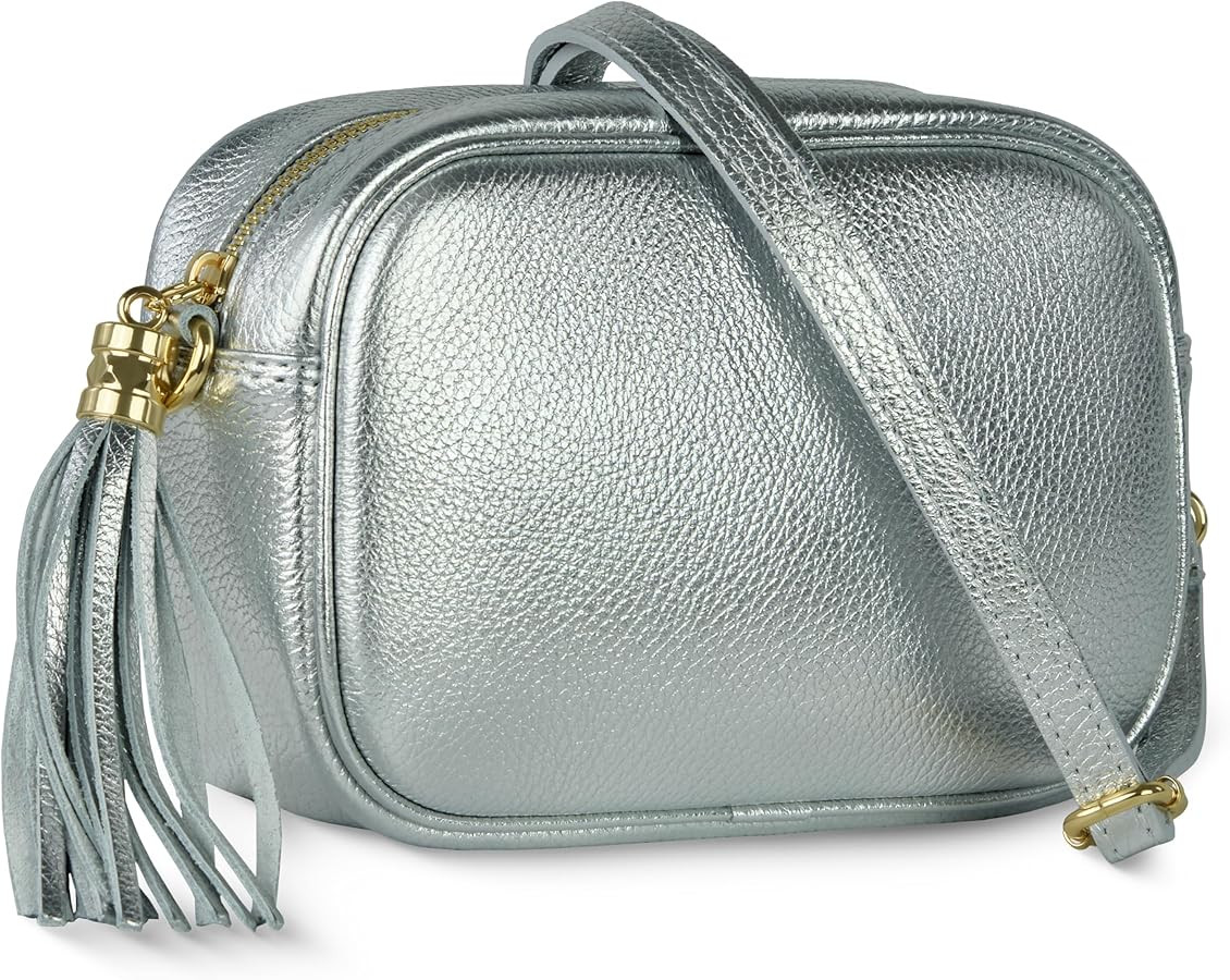 Italian Genuine Metallic Leather Crossbody Bag for Women with Tassel Zipper | Small Pebbled Calfs... | Amazon (US)