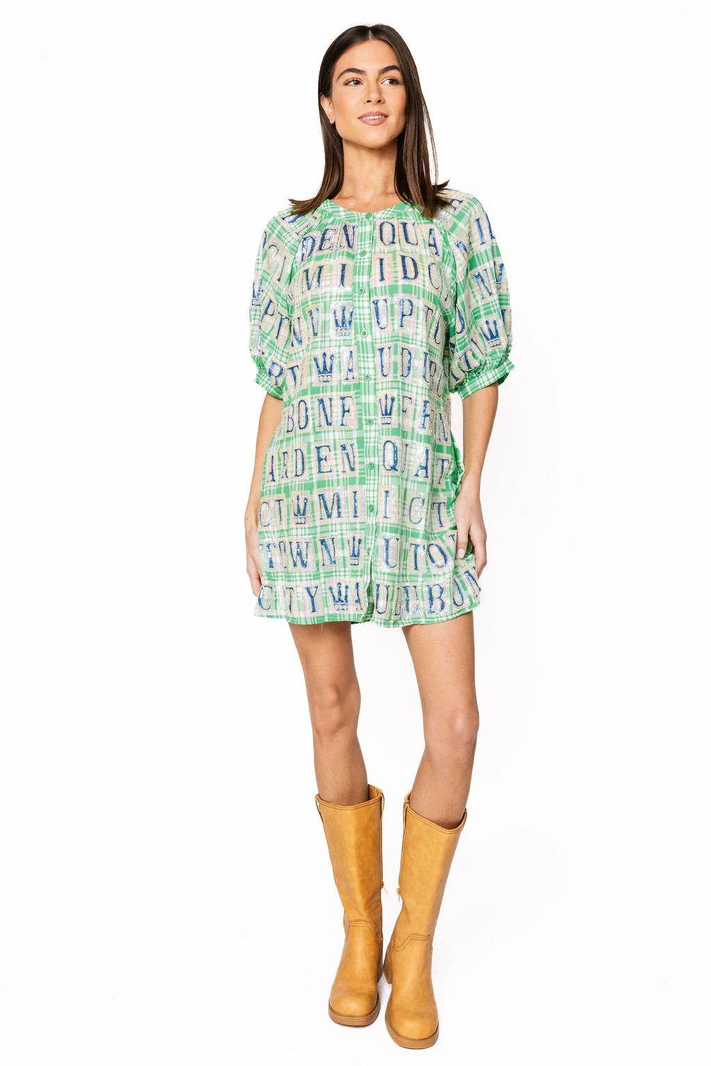 Green Plaid NOLA Street Tiles Button Up Cotton Dress | Queen of Sparkles