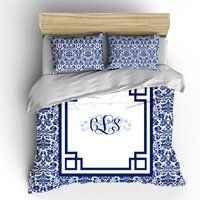 Personalized Custom Damask & Inverted Greek Frame Designer Bedding - Navy Blue & White Duvet Cover O | Etsy (US)