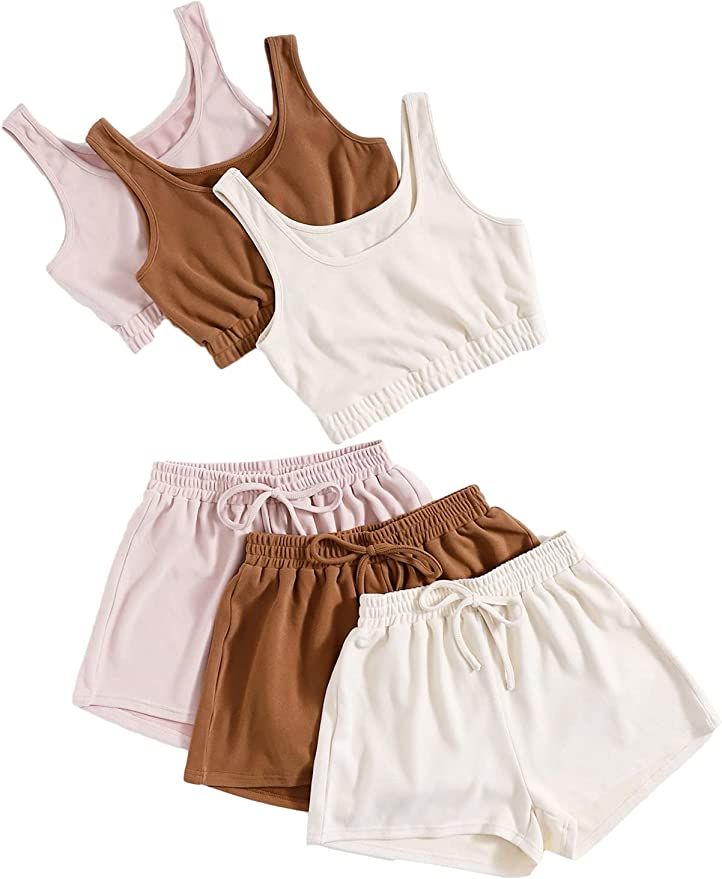 SheIn Women's 6 Pieces Outfits Tank Crop Top and Elastic Waist Shorts Lounge Set Multicolour Beig... | Amazon (US)