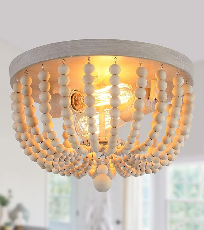 Q&S Boho Chandelier Wood Beaded Flush Mount Ceiling Light Fixtures for Nursery Baby Bedroom Kitch... | Amazon (US)