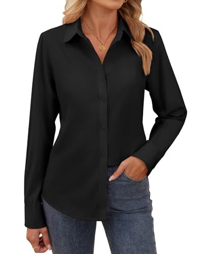 Gleeivy Black Button Up Shirt Women Long Sleeve V Neck Collared Cotton Blouses Business Casual Blouses Button Down Shirts for Women Fit Work Tops Black M | Amazon (US)