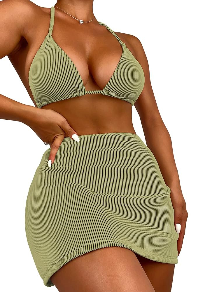 SweatyRocks Women's 3 Piece Zebra Striped Bikini Swimsuit Set & Beach Skirt Set Bathing Suit | Amazon (US)