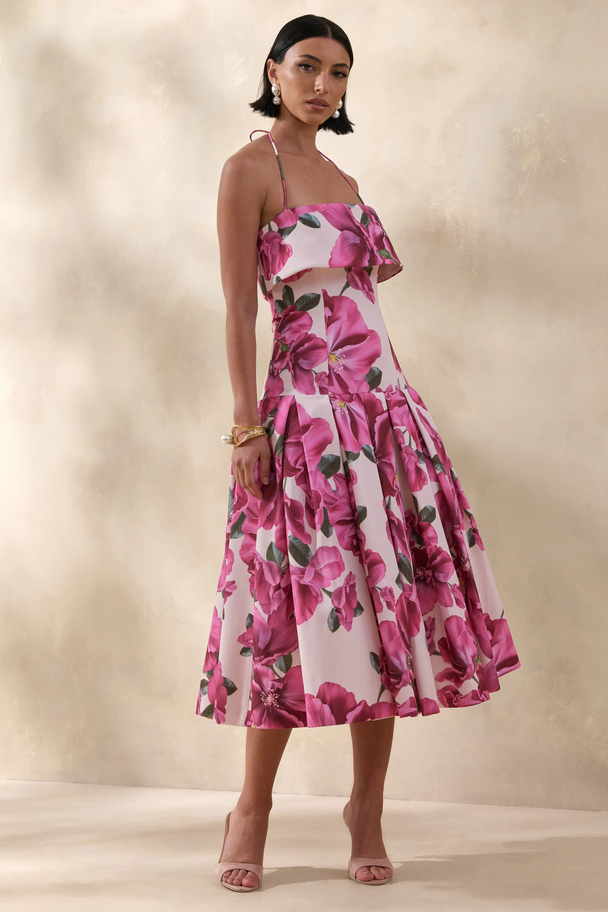 Sylina | Pink Hibiscus Floral Print Square-Neck Midi Dress With Drop Waist | Club L London