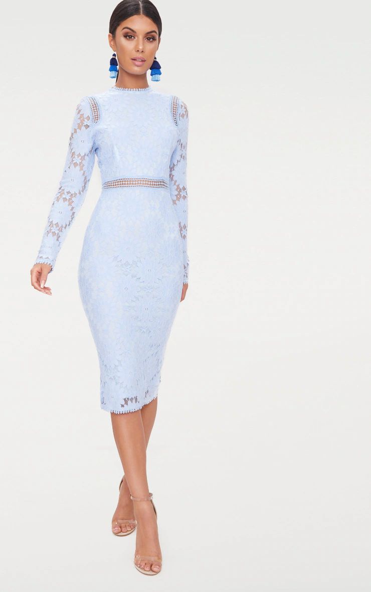 Dusty Blue Long Sleeve Lace Bodycon Dress | PrettyLittleThing US
