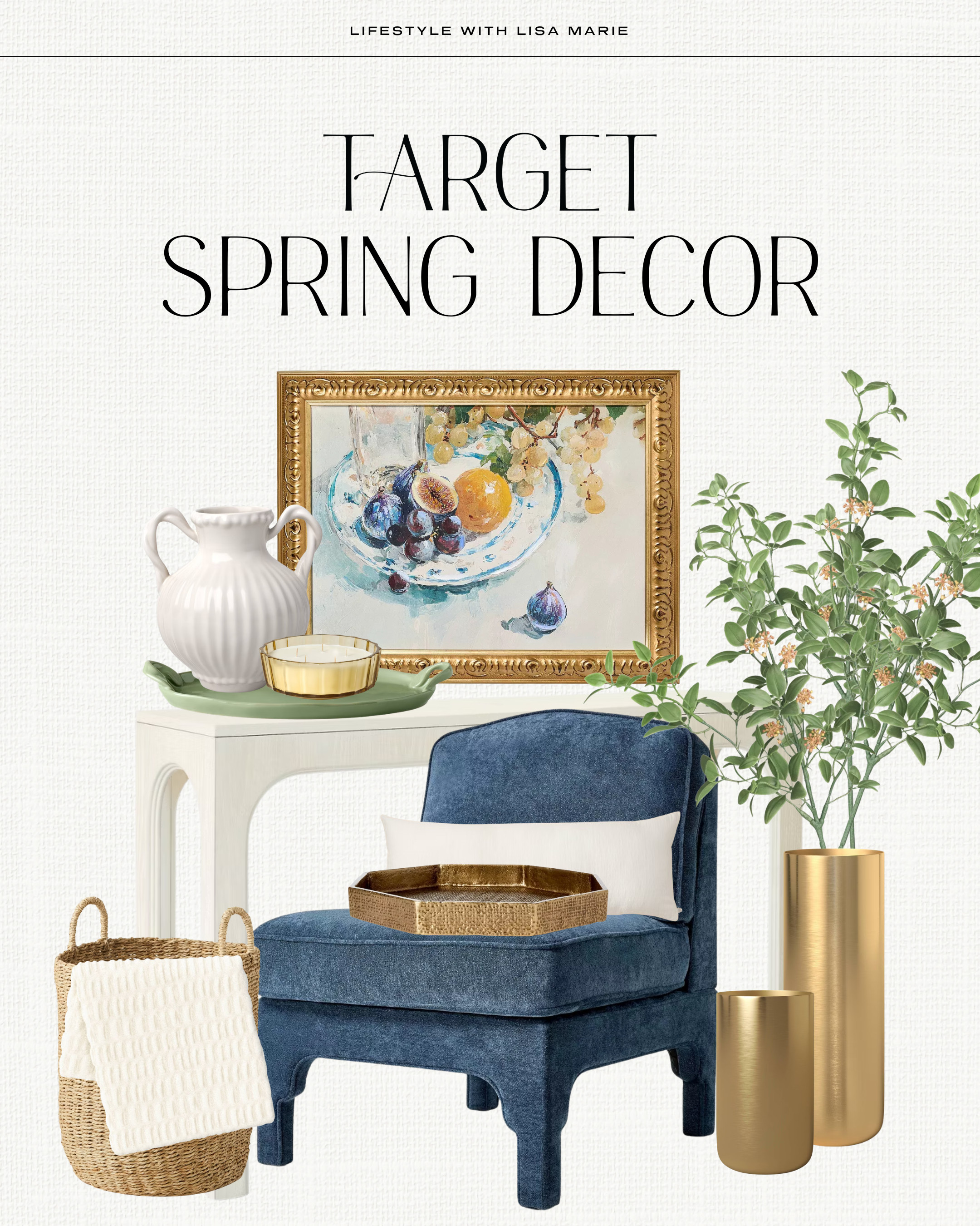 Target new spring decor arrivals. Spring home decor. Target wall art. Decorative vases and trays. Faux greenery. Storage basket. Gold decor. Throw pillows. Velvet chair. Neutral home decor. 

 #LTKSeasonal #LTKHome #LTKPetite