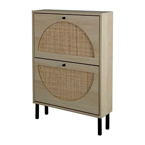 Goujxcy Natural Rattan Shoe Cabinet with 2 Flip Drawers, Modern 2-Tier Shoe Rack Storage Cabinet ... | Amazon (US)