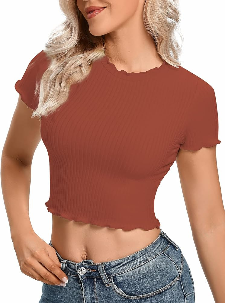 LYANER Women's Lettuce Trim Ribbed Knit Short Sleeve Crop Top Slim Fitted T-Shirt Tee | Amazon (US)