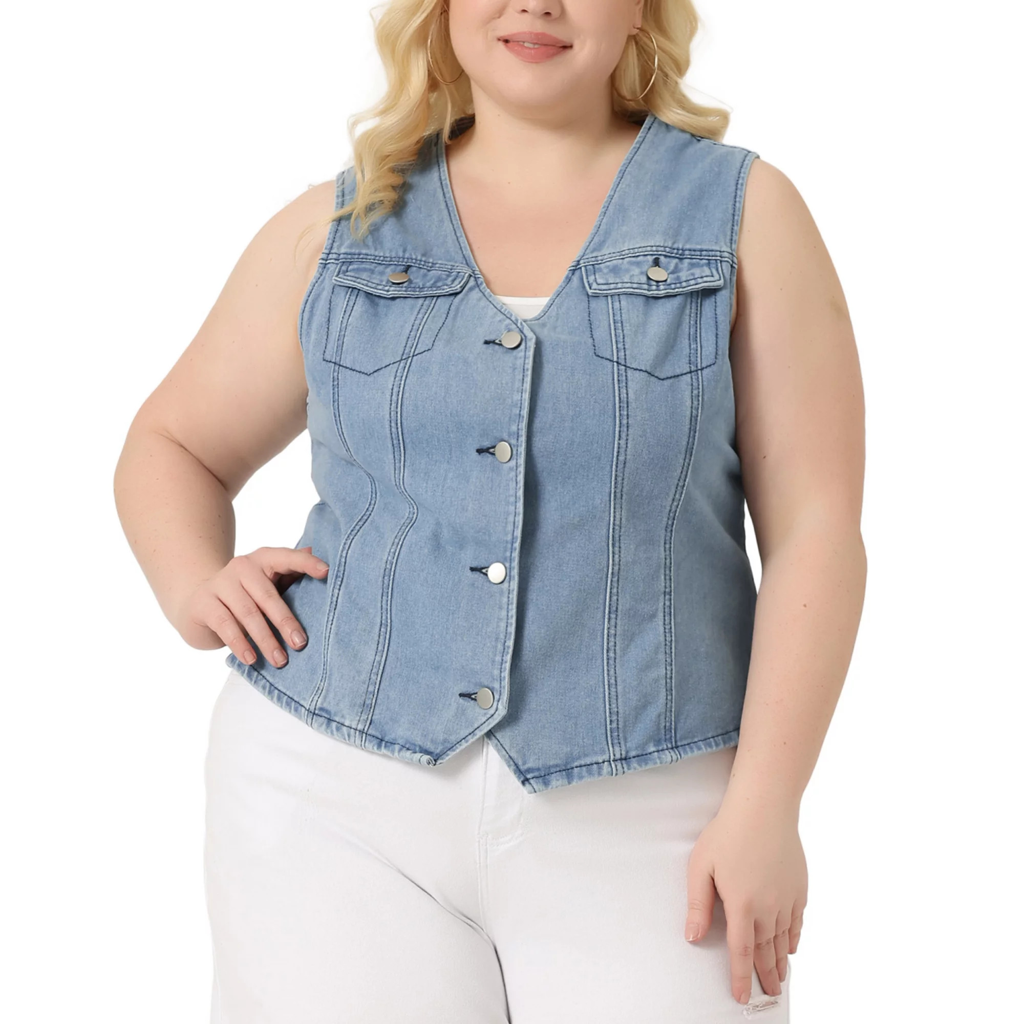 Plus Size Denim Jackets For Women V Neck Sleeveless Utility Jean Denim Vests | Kohl's